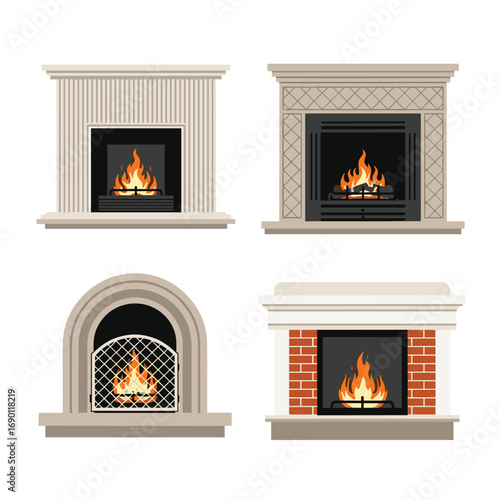 A collection of four distinct decorative fireplaces showcasing various architectural styles and materials for home interiors