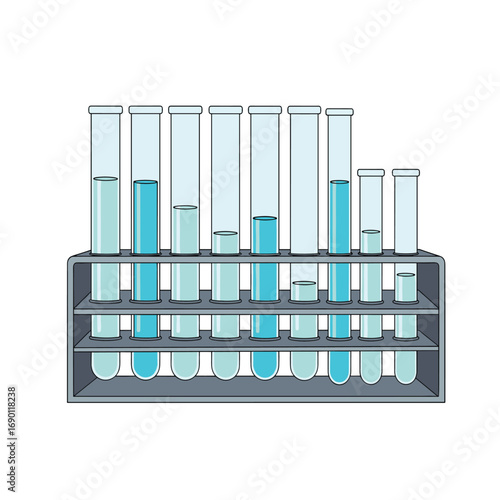 Collection of laboratory glassware containing blue liquid substances in a test tube rack for scientific research and experimentation
