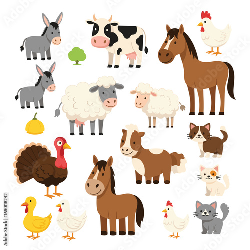 A charming collection of farm animals and their companions gracing a peaceful countryside scene
