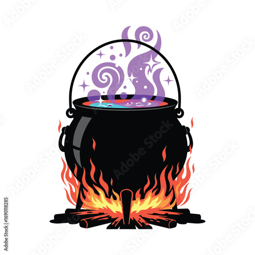 Bubbling cauldron over fiery flames with mystical purple potion and enchanted sparkles evoking a witchcraft halloween theme