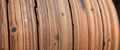 Close-up of aged oak barrel staves, showing wood grain and texture,  beverage,  vintage