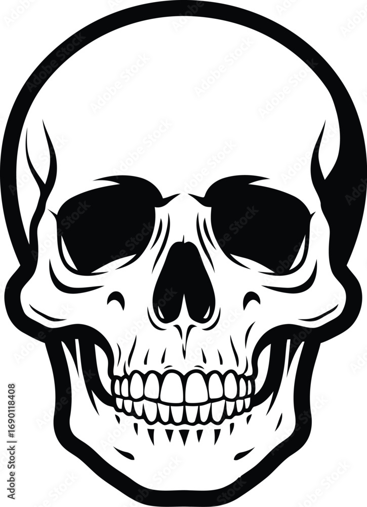 Fototapeta premium Graphic human skull illustration front view dark eerie scary spooky horror vintage tattoo element vector art vector