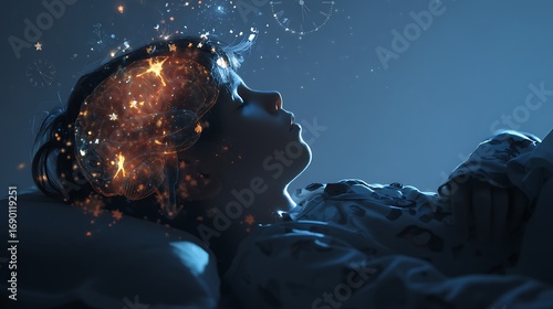 Wallpaper Mural Teen Silhouette Lying On Bed With Semi-Transparent Skull And Glowing Brain Inside. Suprachiasmatic Nucleus And Pineal Gland Highlighted, Showing Melatonin Release As Fai Torontodigital.ca