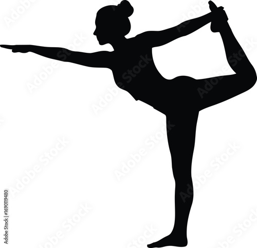 Silhouette dancer yoga pose silhouette elegant figure dancing silhouette flexible person performing natarajasana silhouette vector