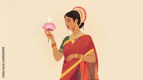 Elegant Indian woman in colorful sari holding lotus, spiritual and cultural heritage vector illustration, Ai generate 