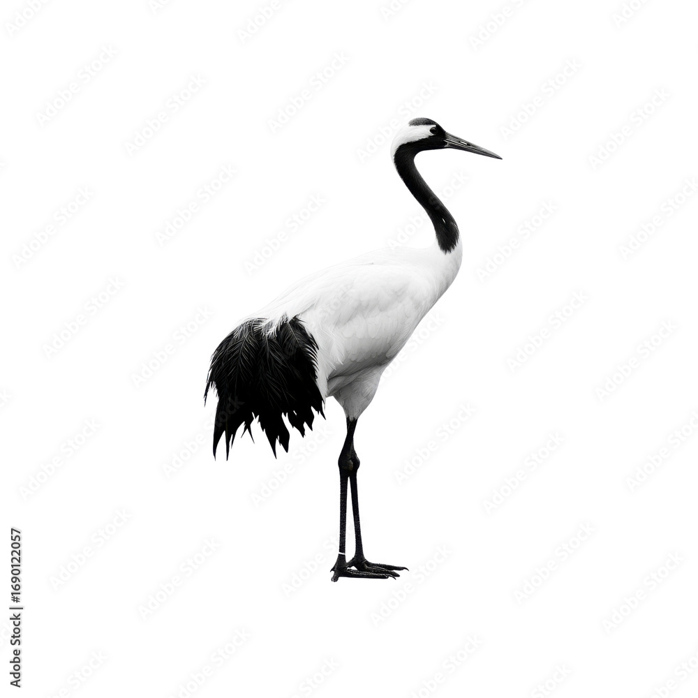 Obraz premium Elegant Japanese Red-crowned Crane in Profile, Black and White