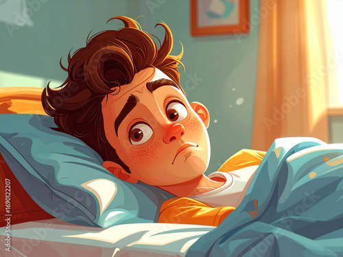 Cartoon Boy Lying in Bed with Worried Expression