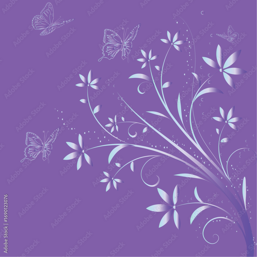 Fototapeta premium A beautiful gradient blue floral vector with delicate flowers, set against a simple purple background.