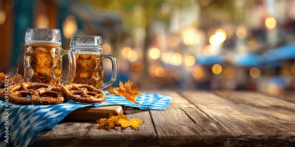 Fototapeta premium A Cozy Autumn Gathering: Refreshing Beer Mugs and Salted Pretzels on a Rustic Wooden Table with a Warm Background