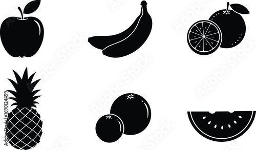 Black and white fruit icons including apple, banana, orange, pineapple, tangerine, watermelon slice, healthy food, fresh fruit, tropical fruit, vegan