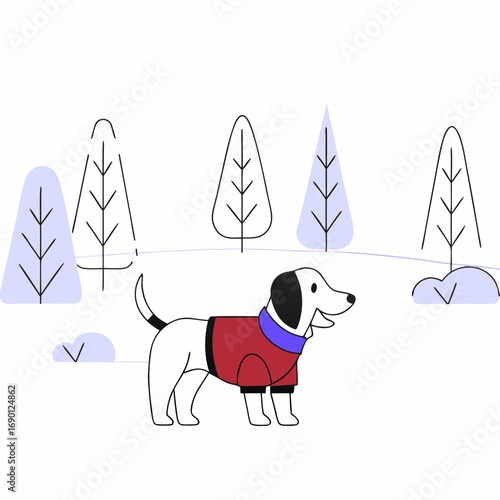 Dog wearing a red coat standing in a snowy forest  