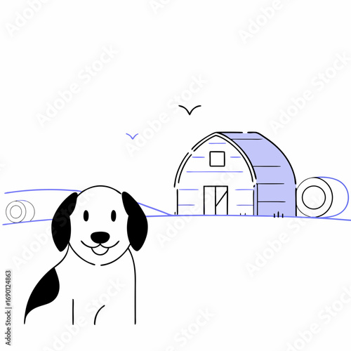 Dog sitting in front of barn in simplistic rural landscape  