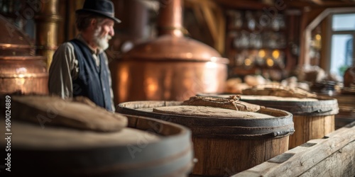Crafting Tradition: A Skilled Artisan in an Authentic Workshop Surrounded by Copper Distillation Equipment and Aged Wooden Barrels