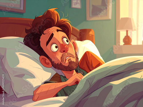Cartoon Man in Bed with Surprised Expression