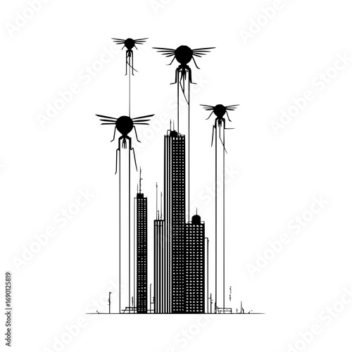 Cityscape invasion illustration featuring alien ships over urban buildings black and white art design vector