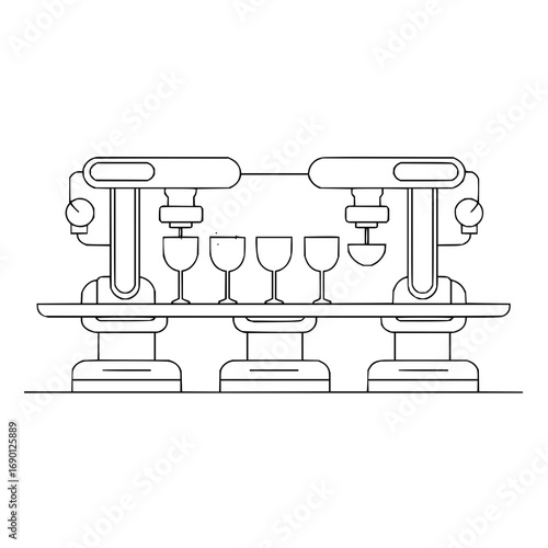 Automated wine filling machine line drawing vector illustration production process technology industry 100