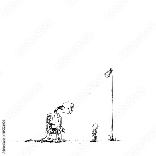 Robot and astronaut illustration black and white drawing of future technology and space exploration art design