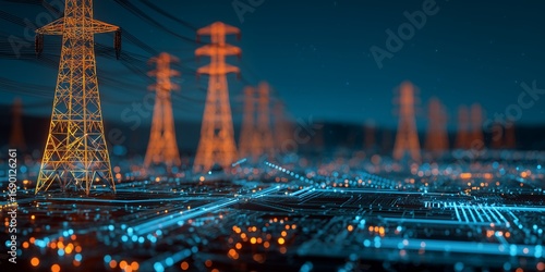 Electric towers stand over illuminated city circuit board under a dark blue sky. Concept for energy infrastructure, technological advancement and digital network communication