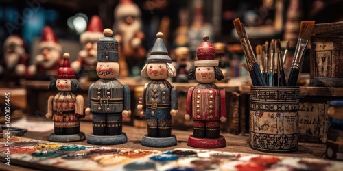 Handcrafted Wooden Figurines Displayed on a Colorful Palette Surrounded by Art Supplies Capturing the Essence of Artistic Creativity and Holiday Spirit