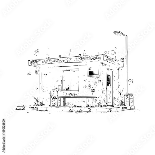 Illustration of an abandoned building with graffiti and a street light in black and white sketch style