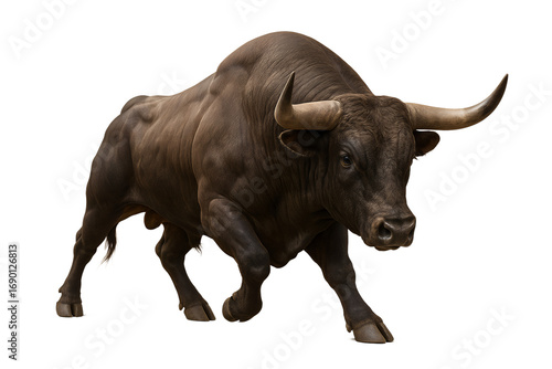 Charging Brown Bull with Horns Isolated on Transparent Background