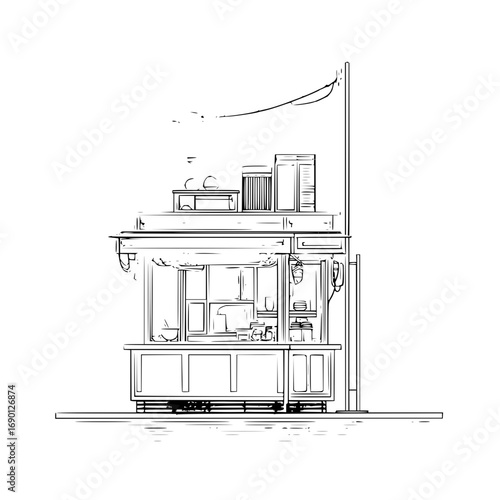 Illustration of a detailed street food stall vendor shop kiosk black and white line art drawing design