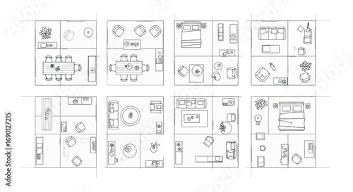 Vector vector art of various apartment floor plan layouts with furniture, transparent background