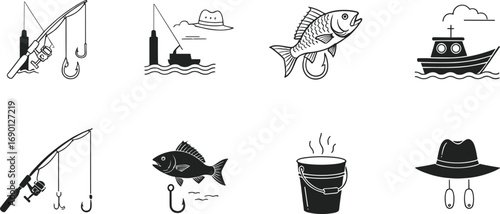 Fishing icons set with fishing rods, fish, hooks, fishing boat, bucket, fishing hat, outdoor fishing gear, water sport fishing