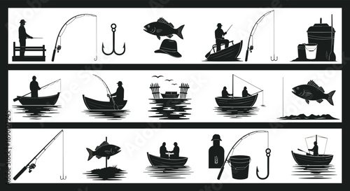 Fishing silhouette icons set, fisherman, fishing rods, hooks, fish, fishing boat, bucket, fishing gear, outdoor fishing, water sport
