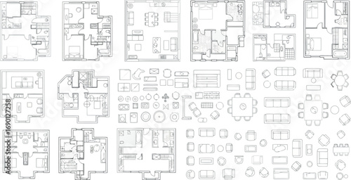 Vector vector art of collection of handdrawn floor plan sketches with furniture layout options transparent background