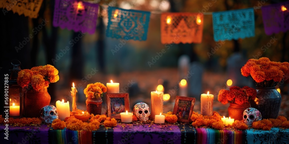 Fototapeta premium Colorful Setup for a Traditional Celebration Featuring Candles, Flowers, and Decorative Elements on a Table Surrounded by Autumnal Atmosphere
