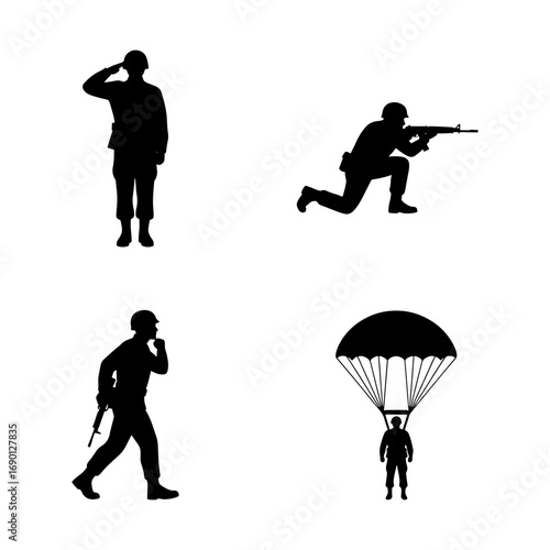 Silhouetted soldiers in various poses including saluting aiming running and parachuting down to the ground
