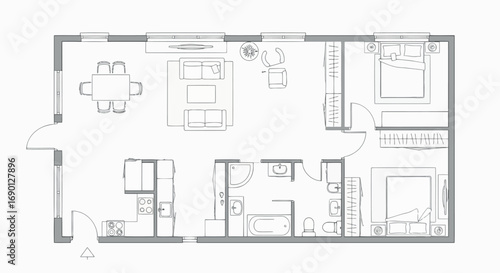 Vector vector art of detailed floor plan of a modern threebedroom apartment with furniture transparent background