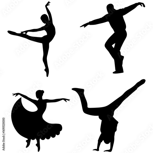 Silhouette collection featuring dancers in various poses including ballet and acrobatic movements shown