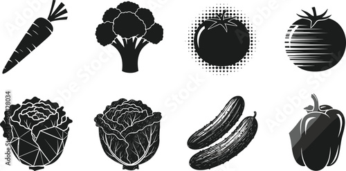 Set of vegetable icons in black silhouette style including carrot, broccoli, tomato, lettuce, cucumber, and pepper for healthy food design.
