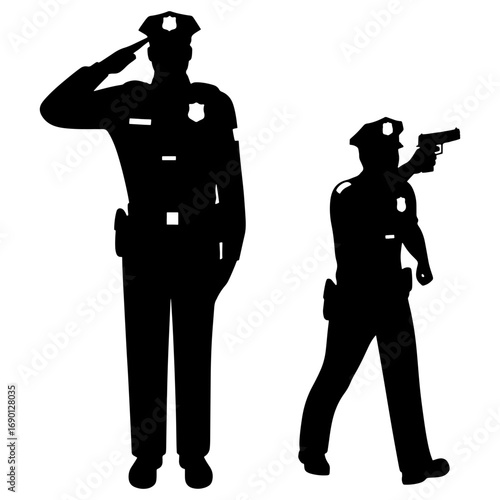 Silhouette illustration of two police officers one saluting and the other aiming a gun in a black and white image