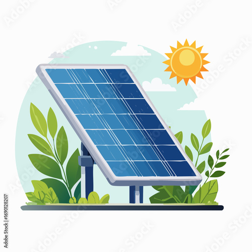 Solar Panel Illustration With Sun And Plants