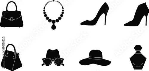 Silhouette icons of fashion accessories including handbags, heels, sunglasses, necklace, perfume, and hats for elegant woman styling