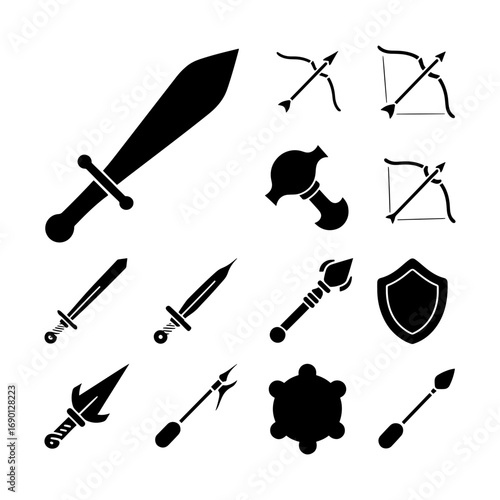Collection of medieval weapons including swords bows maces and a shield in black and white silhouette style