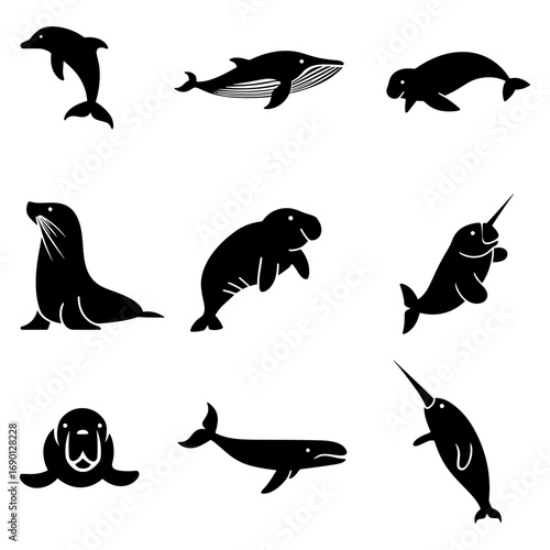 Silhouette collection of various marine mammals including dolphins whales seals and narwhals in black color