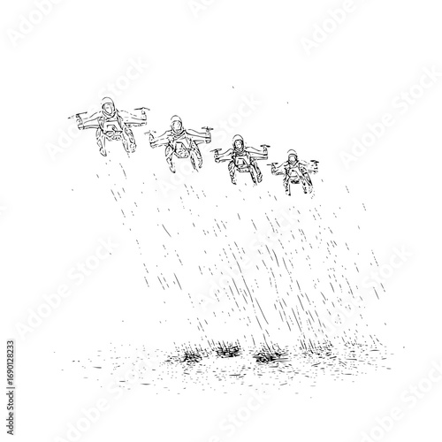 Drone riders flying in rain sketch art illustration futuristic concept design technology drawing vector art