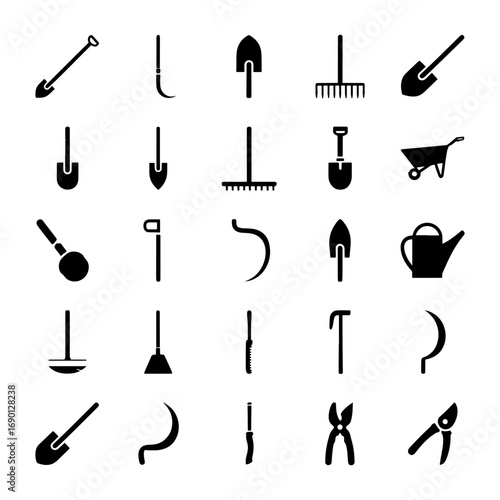 Illustration of various gardening tools including shovels rakes and pruning shears in black silhouette style