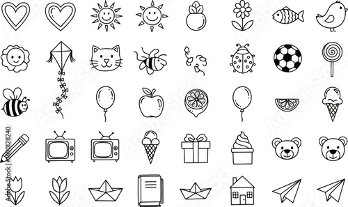 Vector vector art of assortment of simple, handdrawn doodle icons for children and everyday objects, transparent background