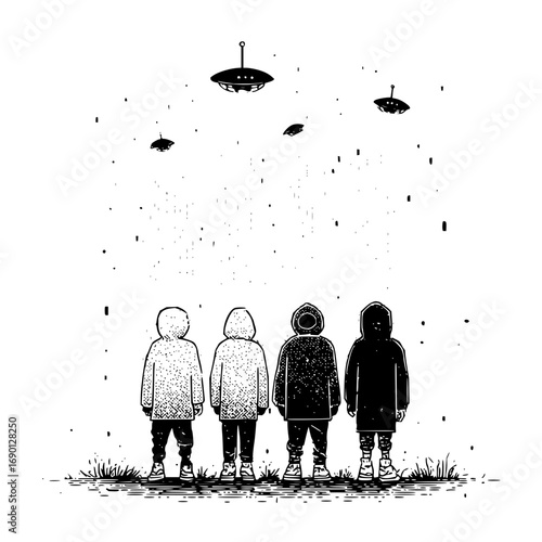 Alien abduction illustration: ufo sighting vector art of hooded figures watching unidentified flying objects in sky