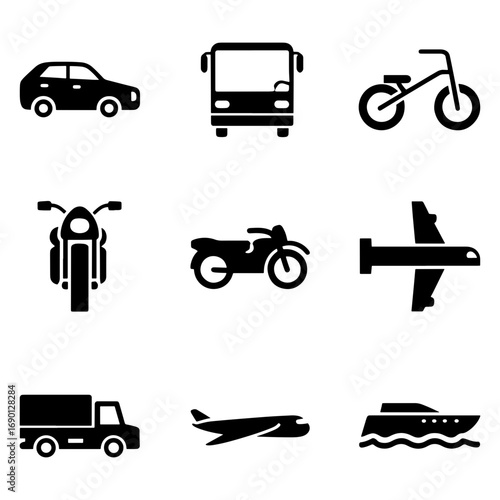 Illustration of various forms of transportation including cars buses planes and motorcycles in black color 100c