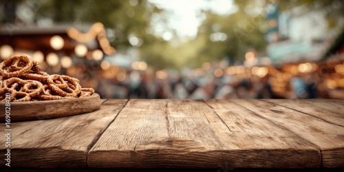 A Rustic Wooden Table Displaying a Delicious Array of Soft Pretzels with a Festive Market Background Filled with Happy Customers and Warm Lighting
