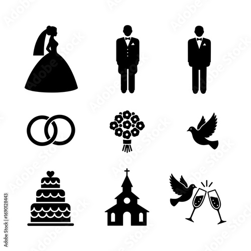 Collection of wedding icons featuring a bride groom rings bouquet cake church doves and champagne flutes