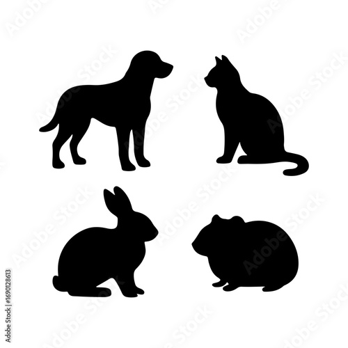 Silhouette illustration of a dog cat rabbit and guinea pig in a simple and clean design style