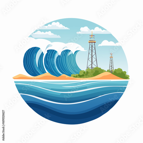 Circular Illustration Of Huge Waves Crashing On Coastal Landscape With Towers