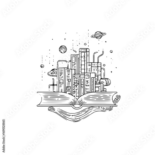 Book city illustration vector design open book with buildings and planets drawing for education and imagination